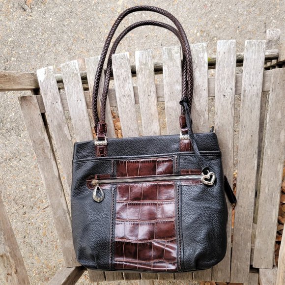 BRIGHTON Black Leather Brown Mock Croc Shoulder Bag - Picture 4 of 8